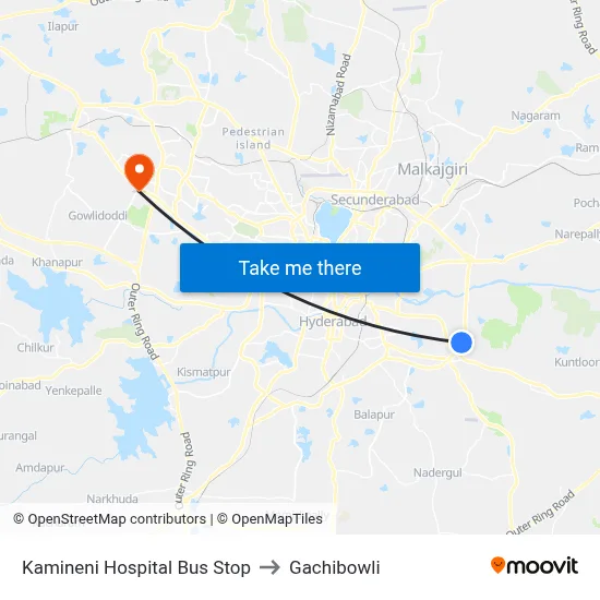 Kamineni Hospital Bus Stop to Gachibowli map