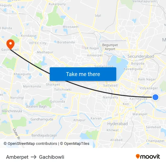 Amberpet to Gachibowli map