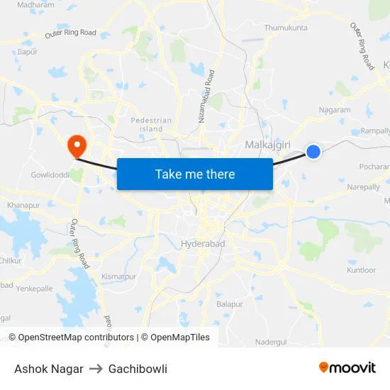 Ashok Nagar to Gachibowli map