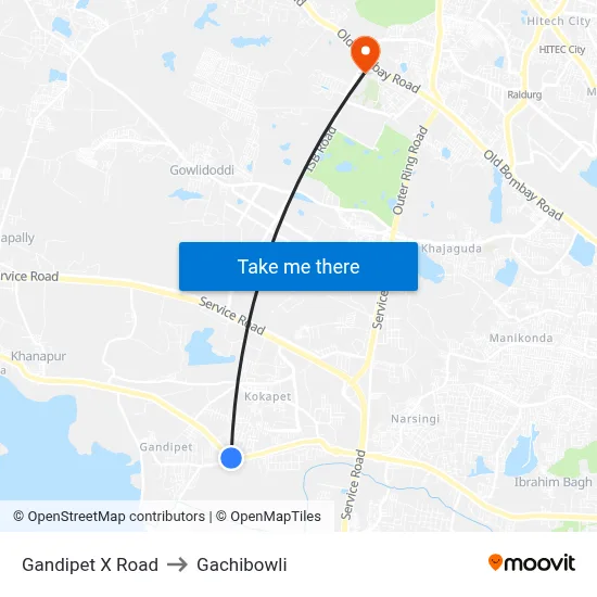 Gandipet X Road to Gachibowli map