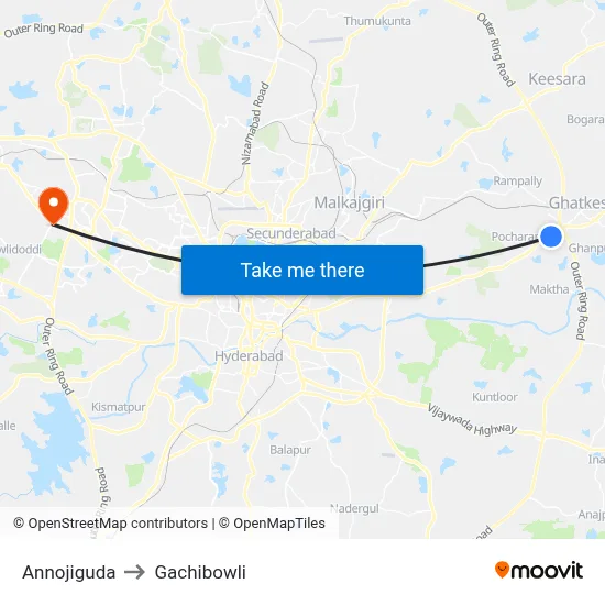 Annojiguda to Gachibowli map