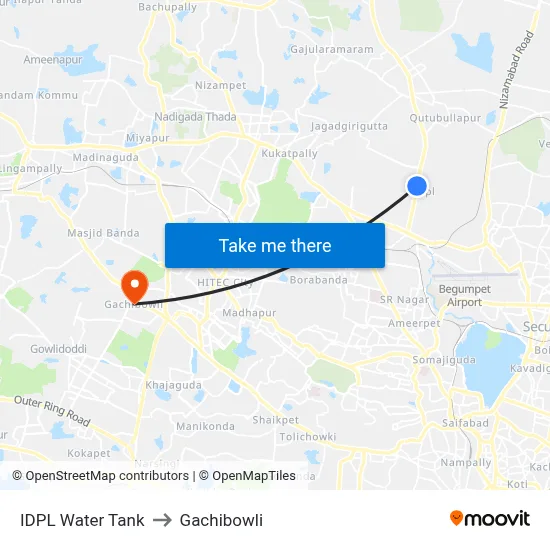 IDPL Water Tank to Gachibowli map