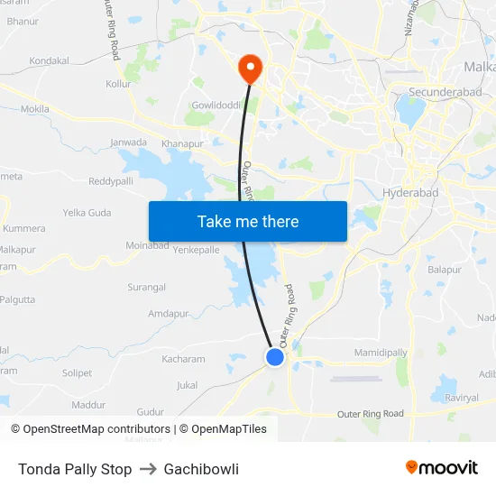 Tonda Pally Stop to Gachibowli map