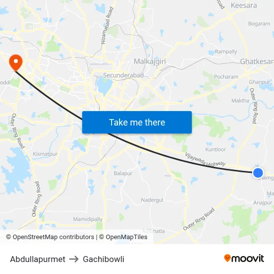 Abdullapurmet to Gachibowli map