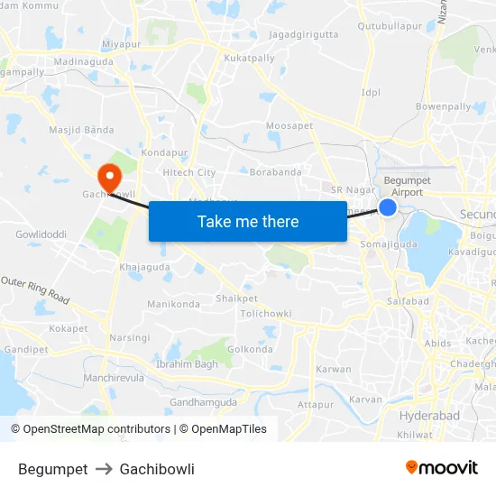 Begumpet to Gachibowli map