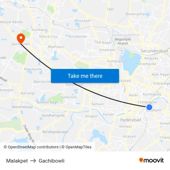 Malakpet to Gachibowli map