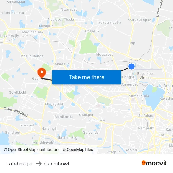 Fatehnagar to Gachibowli map