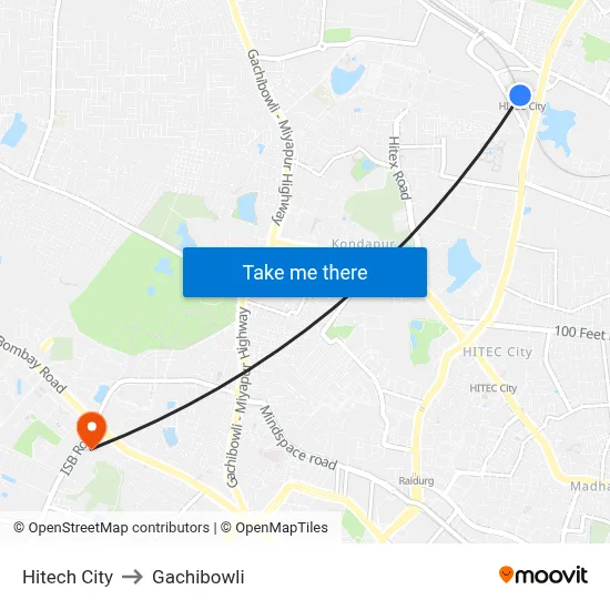 Hitech City to Gachibowli map