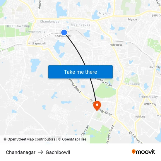 Chandanagar to Gachibowli map