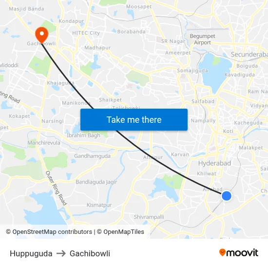 Huppuguda to Gachibowli map