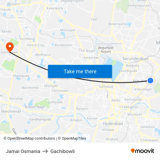 Jamai Osmania to Gachibowli map
