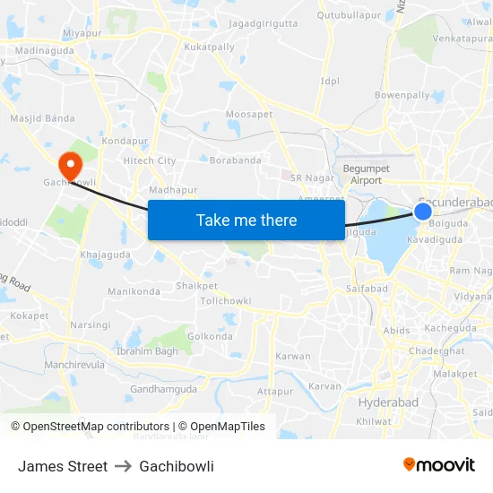 James Street to Gachibowli map