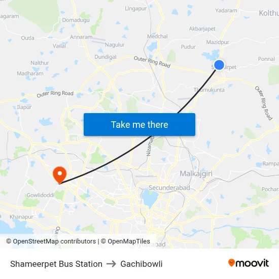 Shameerpet Bus Station to Gachibowli map