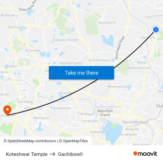 Koteshwar Temple to Gachibowli map