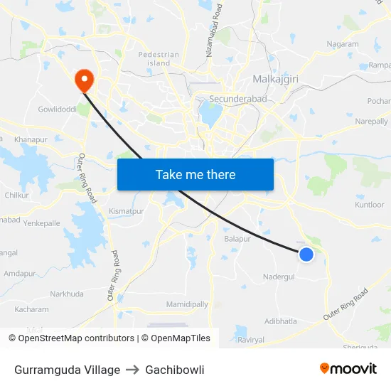 Gurramguda Village to Gachibowli map