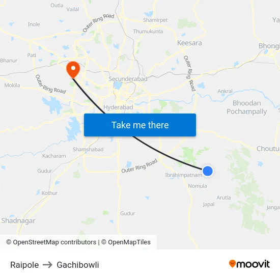 Raipole to Gachibowli map