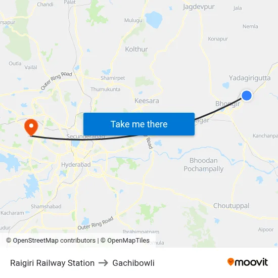 Raigiri Railway Station to Gachibowli map