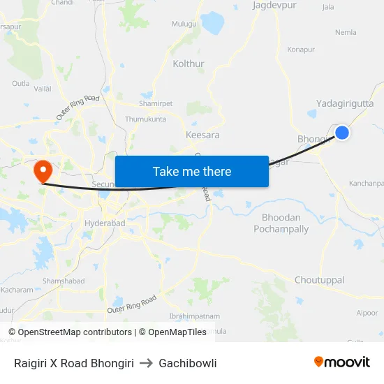 Raigiri X Road Bhongiri to Gachibowli map