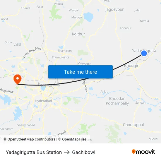 Yadagirigutta Bus Station to Gachibowli map