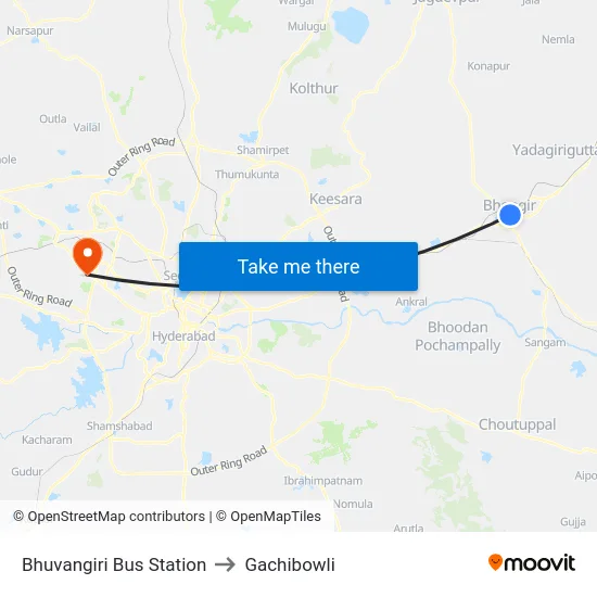 Bhuvangiri Bus Station to Gachibowli map