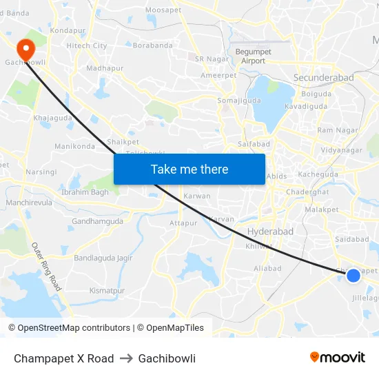 Champapet X Road to Gachibowli map