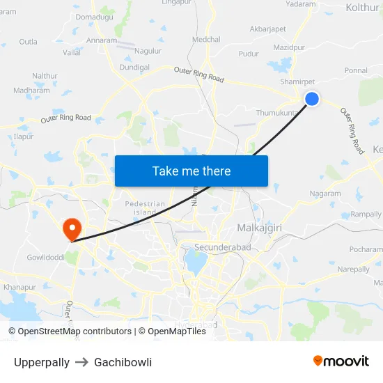 Upperpally to Gachibowli map