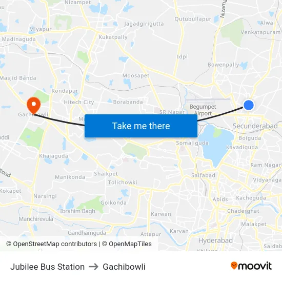Jubilee Bus Station to Gachibowli map