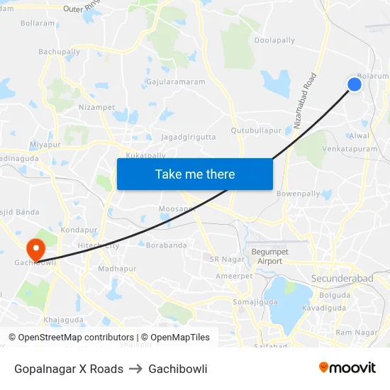 Gopalnagar X Roads to Gachibowli map