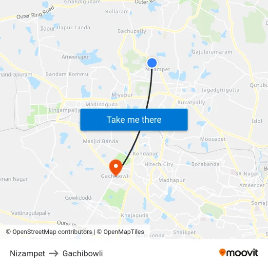 Nizampet to Gachibowli map