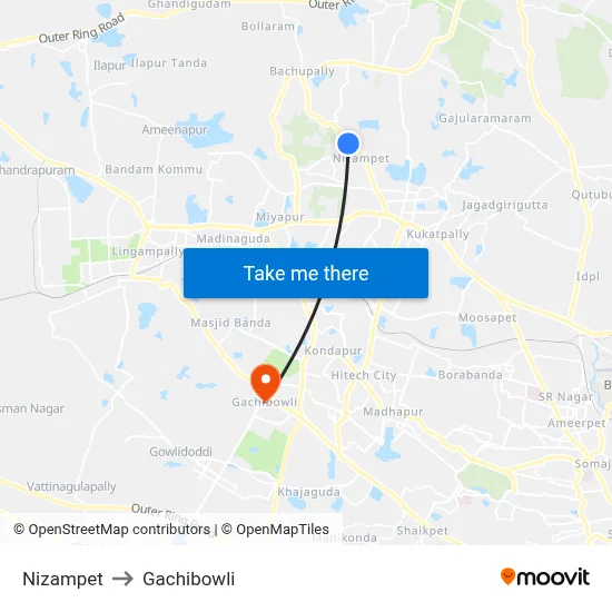 Nizampet to Gachibowli map