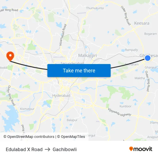 Edulabad X Road to Gachibowli map