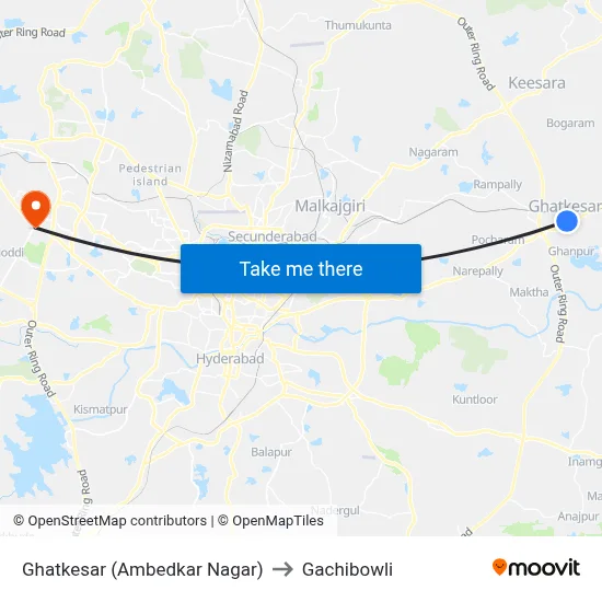 Ghatkesar (Ambedkar Nagar) to Gachibowli map