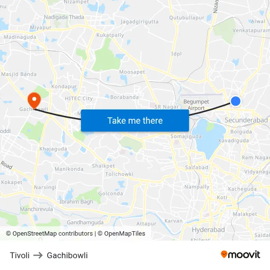 Tivoli to Gachibowli map