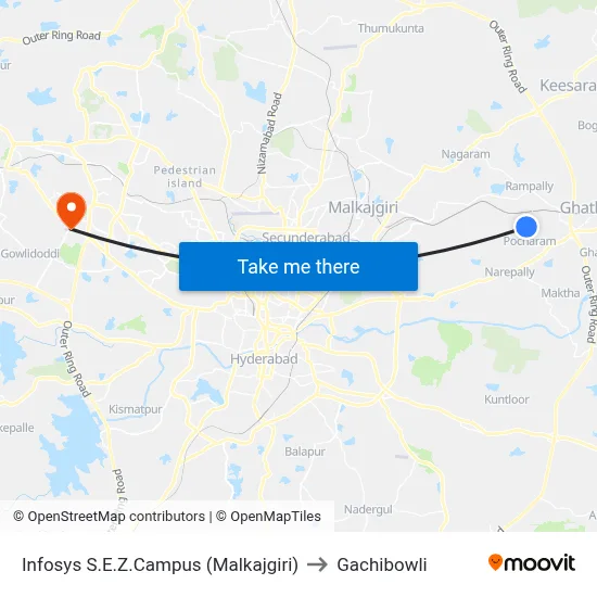 Infosys S.E.Z.Campus (Malkajgiri) to Gachibowli map