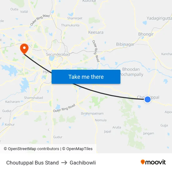Choutuppal Bus Stand to Gachibowli map