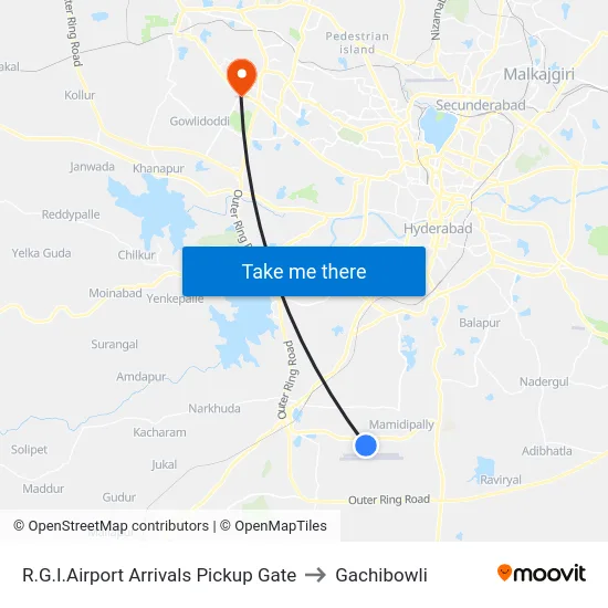 R.G.I.Airport Arrivals Pickup Gate to Gachibowli map
