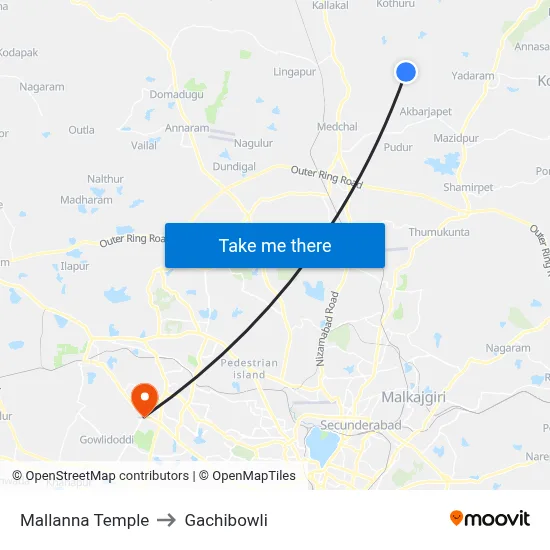 Mallanna Temple to Gachibowli map