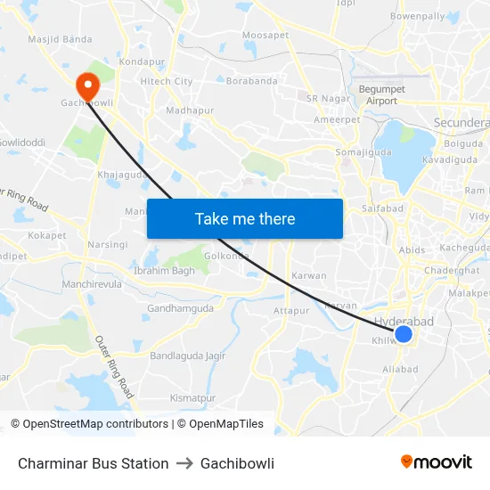 Charminar Bus Station to Gachibowli map