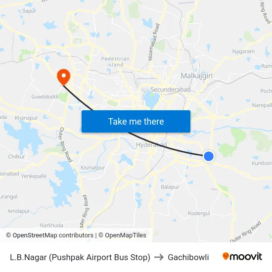 L.B.Nagar (Pushpak Airport Bus Stop) to Gachibowli map
