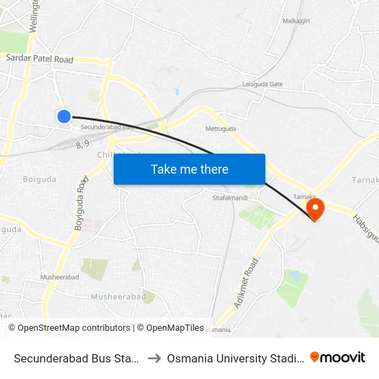 Secunderabad Bus Station to Osmania University Stadium map
