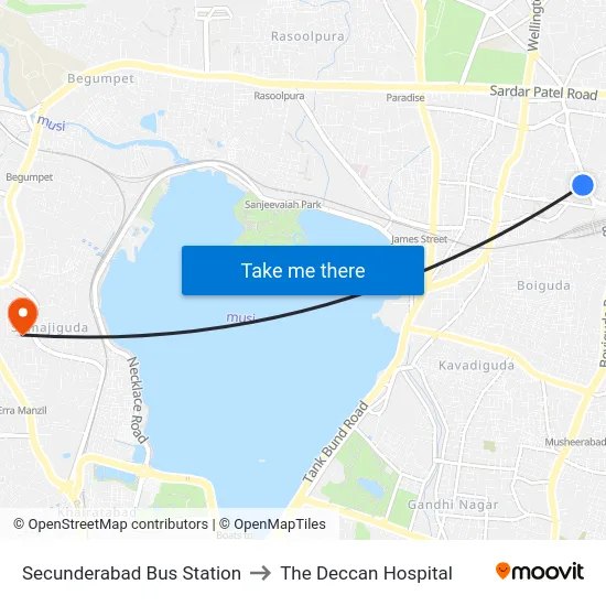 Secunderabad Bus Station to The Deccan Hospital map