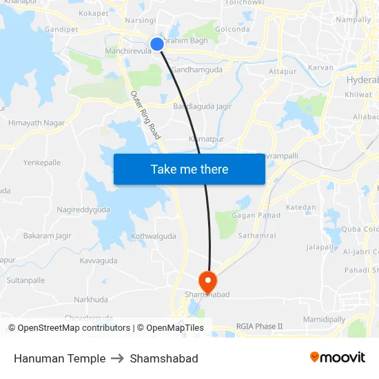 Hanuman Temple to Shamshabad map