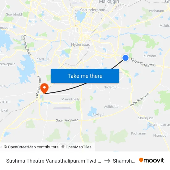 Sushma Theatre Vanasthalipuram Twd Hayath Nagar to Shamshabad map