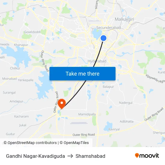 Gandhi Nagar-Kavadiguda to Shamshabad map