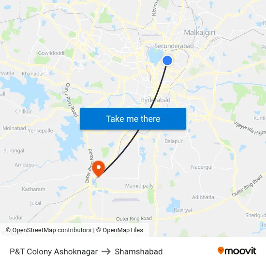 P&T Colony Ashoknagar to Shamshabad map