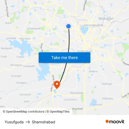 Yusufguda to Shamshabad map
