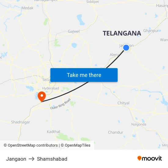 Jangaon to Shamshabad map