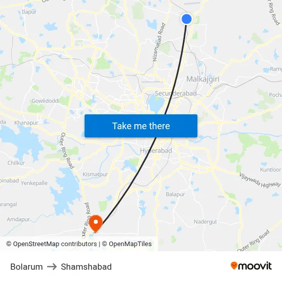 Bolarum to Shamshabad map
