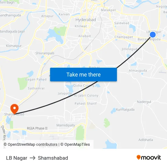 LB Nagar to Shamshabad map