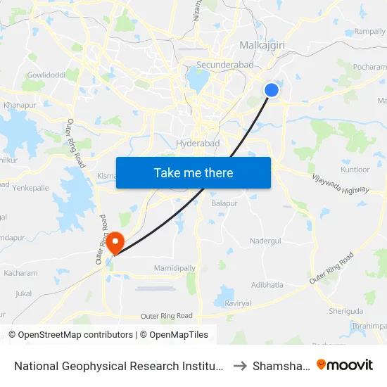 National Geophysical Research Institue (N.G.R.I) to Shamshabad map